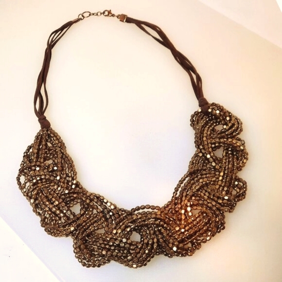 Chunky Brass Brutalist Braided Seed Bead Primitive Necklace Collar Choker Boho - Picture 10 of 12